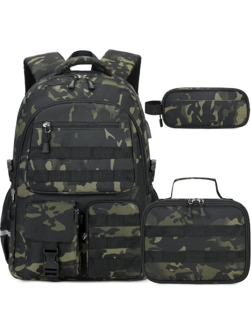 Stylish Camo Backpack for Boys with Lunch Box, Pencil Case & USB Charging Port
